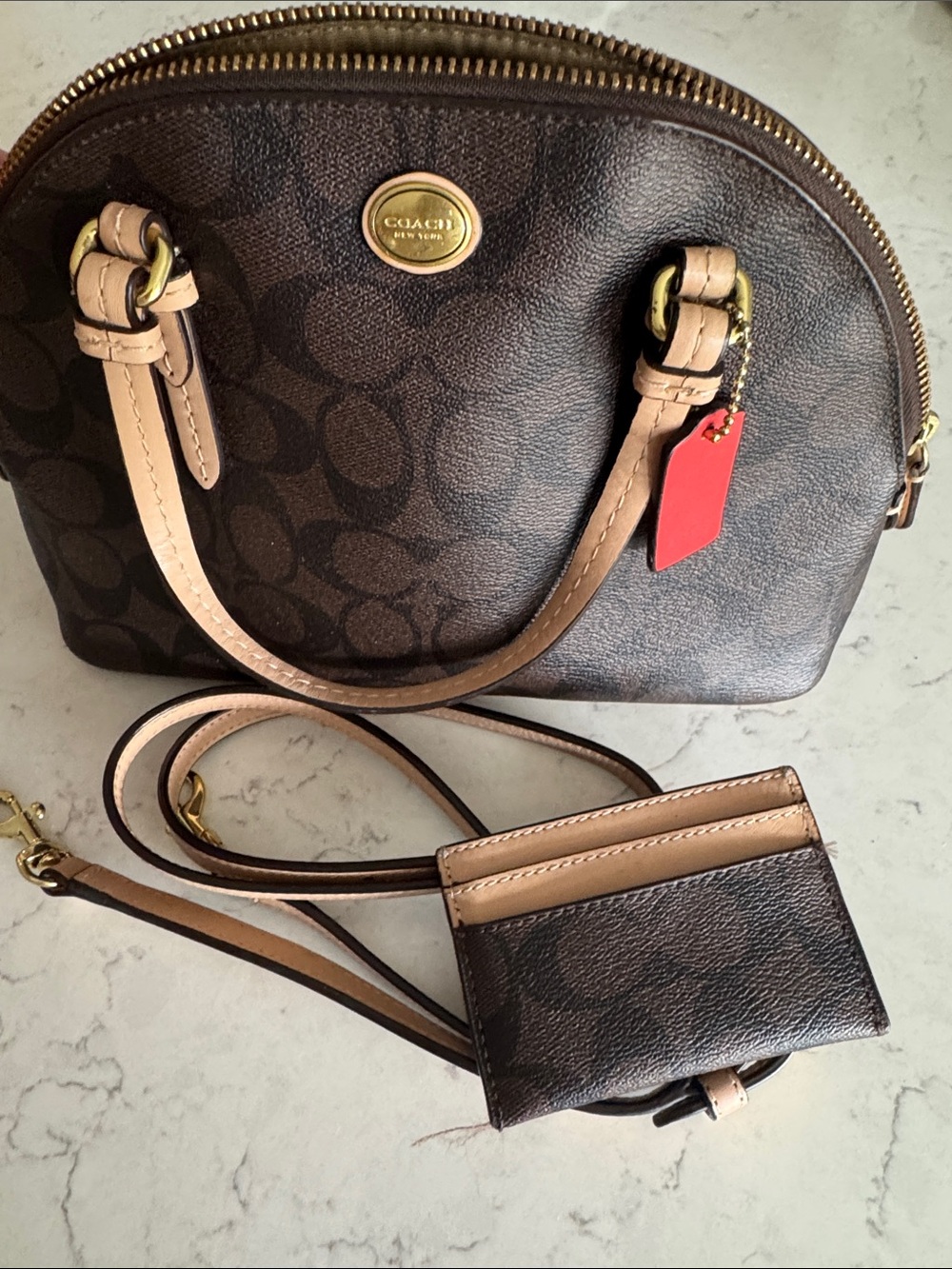 Coach Brown Signature Dome Satchel with Tan Trim and Red Tag